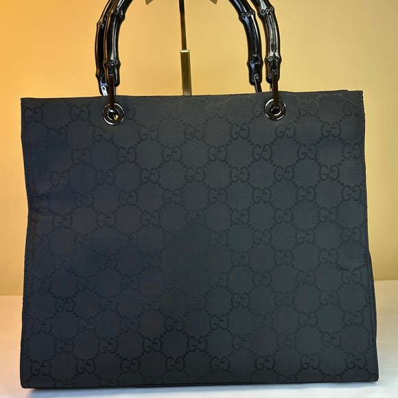 Gucci GG Black Canvas Bamboo Handle Shopper Tote - Picture 1 of 17